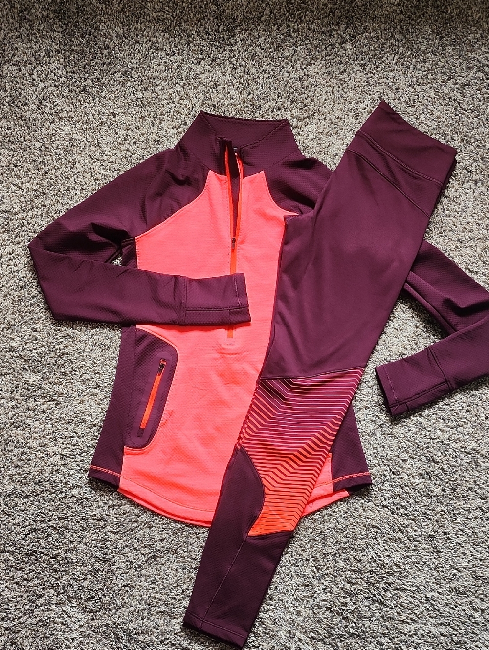 Under Armour Burgundy and Neon Coral Performance Leggings & Zip Pullover Set